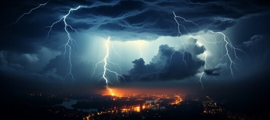 Spectacular lightning storm over a city skyline during nighttime with illuminated streets below