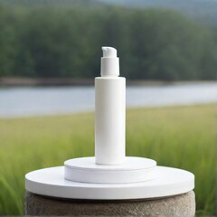 Minimalist White Cosmetic Bottle on Nature Background mockup	