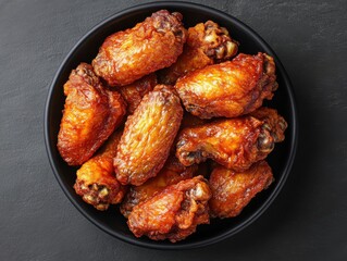Top view of chicken wings on black bowl 