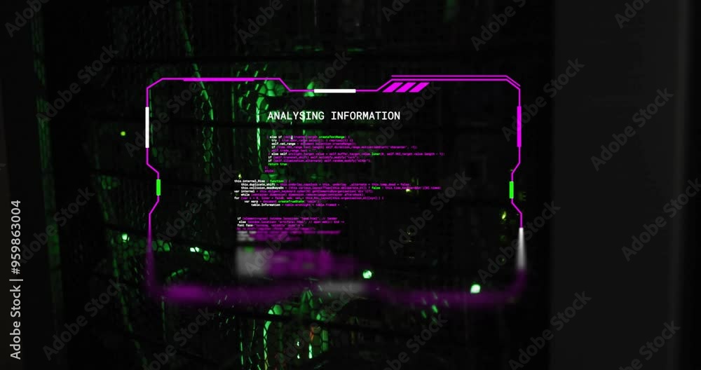 Aufkleber analyzing information text animation over green and black digital matrix background