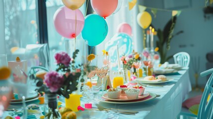 A festive celebration with a beautifully decorated table, featuring colorful balloons, flowers, and a variety of sweets and treats.