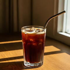 Refreshing Iced Coffee with Cream and a Metal Straw