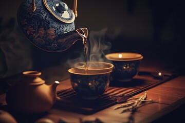 Traditional gongfu tea ceremony scene with steaming teapot and cups.