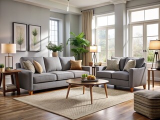 Against a backdrop of calm neutral tones, the plush gray couch and matching armchair create a inviting oasis