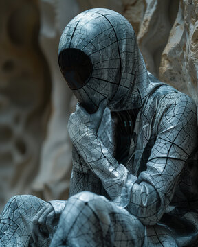 Futuristic robot in a reflective suit, sitting thoughtfully, blending into an abstract background. Aliens.Analysis information. Face of cyber mind. Technology background concept.