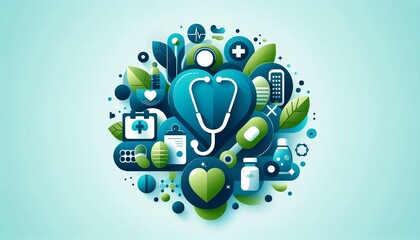 A heart shaped design with a stethoscope and medical icons, representing health, wellness, and healthcare.