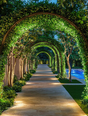 Obraz premium walkway lined with trees next to a pool outdoor