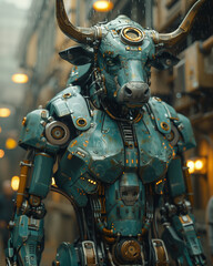 Robot bull with mechanical details, wires, and gears. Bull-shaped AI robot with intricate technology elements. Futuristic cybernetic bull design with advanced technological components