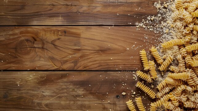 An artistic display of uncooked rotini pasta scattered on a rustic wooden table, accompanied by grated parmesan, showcasing a blend of culinary ingredients and texture contrast.