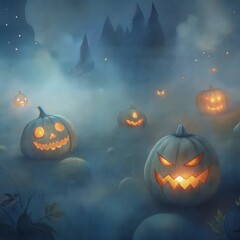 Fototapeta premium Spooky Halloween scene with illuminated carved pumpkins in eerie misty atmosphere