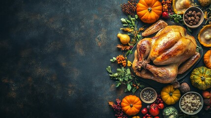 horizontal image, top view of a classic thanksgiving dinner on a blue isolated background with copy space for text. For banner, design, cover, etsy, shop, thumbnail, blog, social media, linkedin