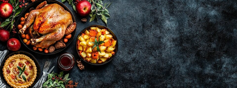 horizontal image, top view of a classic thanksgiving dinner on a blue isolated background with copy space for text. For banner, design, cover, etsy, shop, thumbnail, blog, social media, linkedin