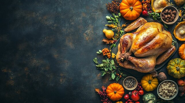 horizontal image, top view of a classic thanksgiving dinner on a blue isolated background with copy space for text. For banner, design, cover, etsy, shop, thumbnail, blog, social media, linkedin