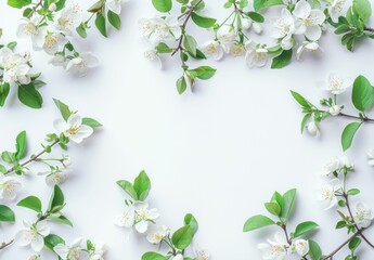Obraz premium Delicate white flowers and green leaves arranged in a circular pattern on a soft white background