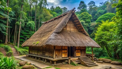 Fototapeta premium In harmony with nature, a wooden dwelling blends seamlessly into the forest, its thatched roof reaching for the