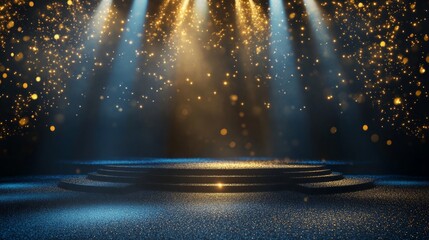 Dark blue stage with golden spotlight lines and glitter texture for award ceremony design....