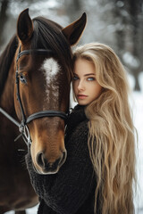 Fototapeta premium woman is standing next to a horse in the snow