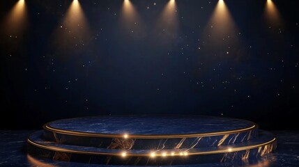 Dark blue stage with golden spotlight lines and glitter texture for award ceremony design. Realistic 3d abstract premium elegant glamour background template for anniversary or winner rewarding