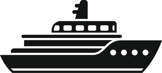 Black and white icon of a large modern yacht sailing on the sea