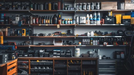A well-organized garage with shelves stocked with car care and maintenance products, showcasing a wealth of tools and equipment.