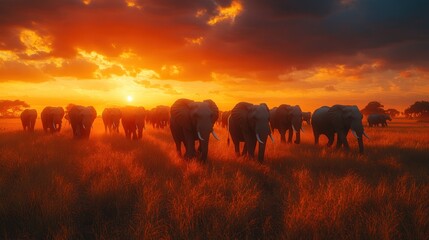 Elephant Herd at Sunset