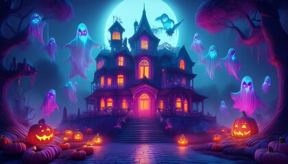 A haunted house scene with glowing pumpkins and ethereal ghosts, illuminated by a full moon, creating a spooky Halloween atmosphere.
