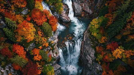 Aerial View of Waterfall in Autumn Forest
