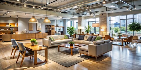 Interior of a contemporary furniture store showcasing stylish home and office furniture items in a well-lit space