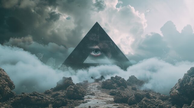 A mystical landscape with a large, all-seeing eye within a triangular pyramid, surrounded by dramatic clouds, that evokes themes of mystery and higher consciousness.