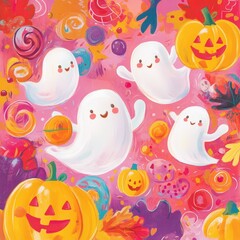 Whimsical halloween scene with playful ghosts and pumpkins for festive decorations.