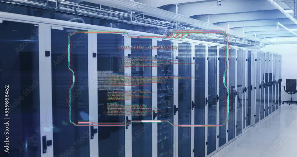Poster data processing animation over server racks in data center