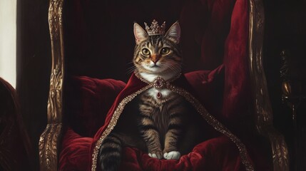 Majestic cat with crown and regal cape on a throne.