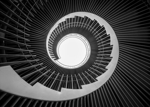 View of spiral staircase with elegant lines and modern design, Tokyo, Japan.