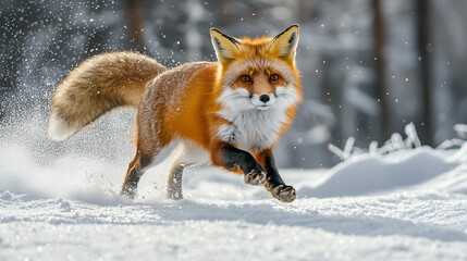 A vibrant red fox with a bushy tail, running through a snowy winter landscape with frosted trees