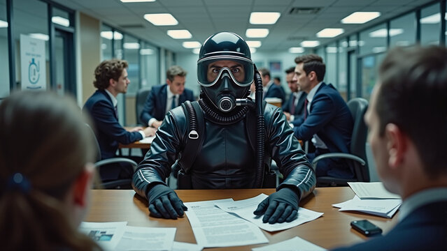 Man Wearing Gas Mask in a Formal Business Meeting Surrounded by Colleagues.