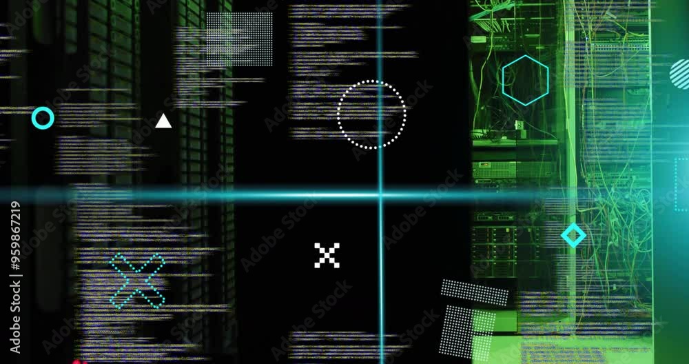 Poster digital data processing and analysis animation over green and black technological background