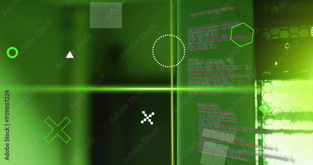 Poster geometric shapes and coding animation over green background