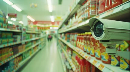 Fototapeta premium A security camera is seen monitoring the aisles of a grocery store, emphasizing surveillance and safety.