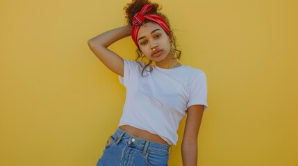 A relaxed individual poses against a solid yellow wall, exuding casual style and confidence in a simple white tee and blue denim.