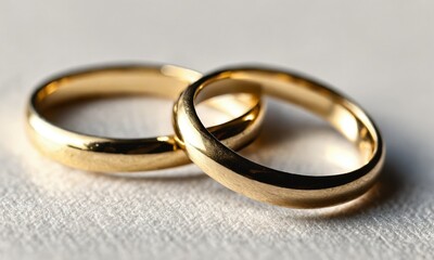 Two gold wedding bands on a white surface