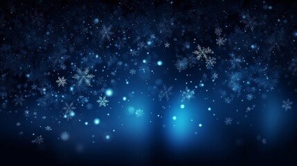 Enchanting winter snowflakes dance in a serene blue winter night sky filled with sparkling lights