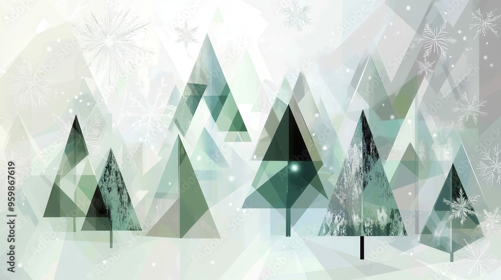 Poster Abstract geometric Christmas trees made of triangles fill a winter forest landscape, showcasing various sizes and forms in a festive setting. Generative AI