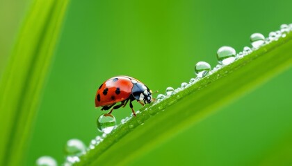 Fototapeta premium A ladybug walks along a blade of grass, with dew drops glistening on the grass.