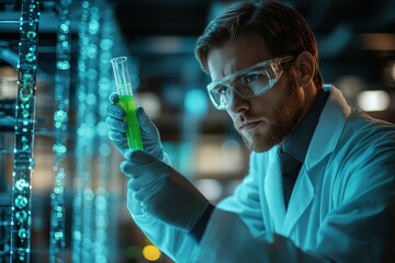 A scientist in a lab coat holding a test tube filled with green liquid, symbolizing biofuel research in a modern laboratory