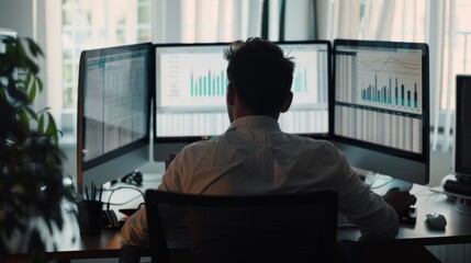 An individual working intently at a desk surrounded by multiple monitors displaying analytical data in a bright office.