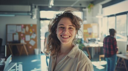 Fototapeta premium A smiling woman stands confidently in a bright, modern office filled with plants and natural light, radiating positivity.