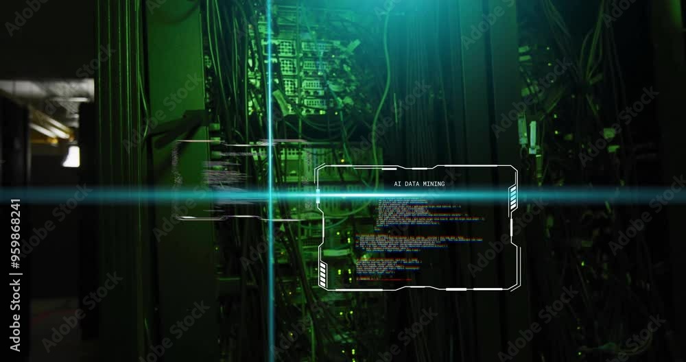 Poster AI data coding animation over server racks with green lighting