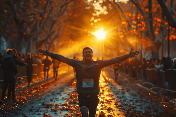 Male marathon runner crosses the finish line with arms wide open, embracing victory. The warm sunset casts a golden glow, while spectators cheer and fellow competitors surround him