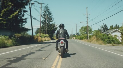 A motorcyclist in a leather jacket rides down a serene, tree-lined road on a sunny day, capturing the freedom of an open-road adventure.