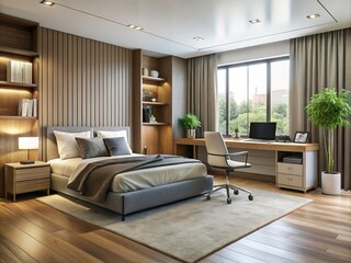 Fototapeta premium A modern bedroom showcases sleek furniture, where a laptop and other electronic devices adorn a desk, radiating a